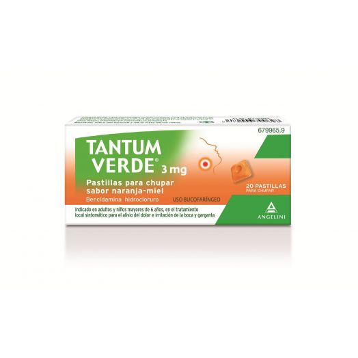 TANTUM VERDE 3 mg PASTILLAS PARA CHUPAR SABOR NARANJA-MIEL , 20 pastillas