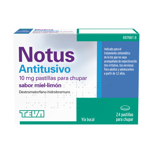 NOTUS ANTITUSIVO 10 MG PASTILLAS PARA CHUPAR SABOR MIEL - LIMON , 24 pastillas