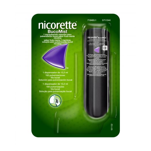 NICORETTE BUCOMIST 1 MG/PULSACION SOLUCION PARA PULVERIZACION BUCAL SABOR FRUTA MENTA, 1 dispensador de 13,2 ml (150 pulverizaciones)